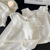 新款 纯棉修身 长袖 女童t恤春季 T恤儿童小女孩洋气蕾丝娃娃领打底衫