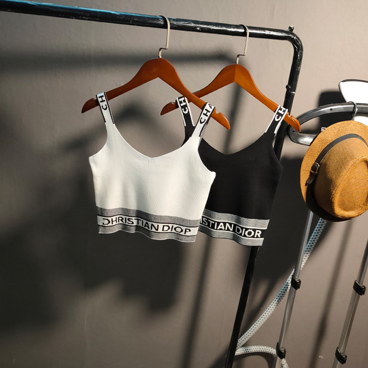 2025春夏季韩版活力范V领字母提花高腰吊带百搭辣妹针织背心外贸