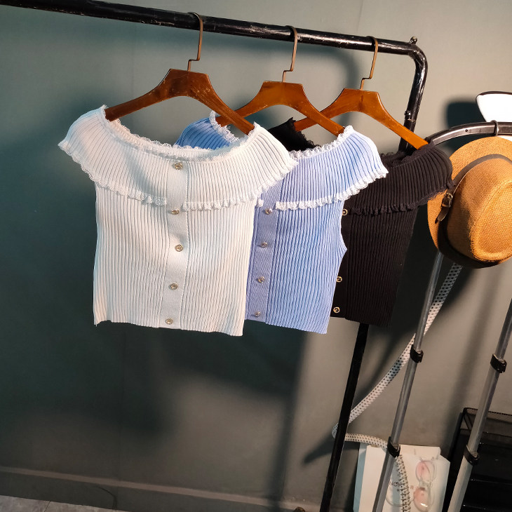 一字肩蕾丝边扣饰针织短袖t恤上衣2025露肩性感修身主播打底衫,女装/女士精品,毛针织衫,淘宝优惠券,粉丝福利购,淘宝优惠卷