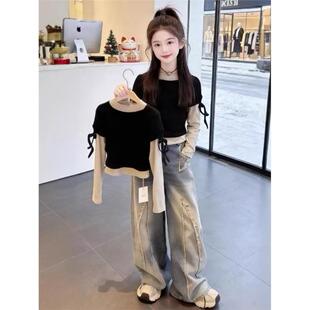 女童长袖t恤春秋季2026新款儿童假两件上衣女中大童春装打底衫潮