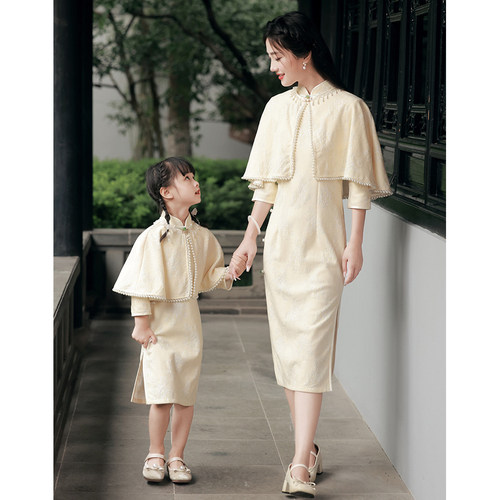 亲子装改良旗袍中国风蕾丝披肩