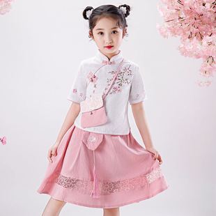 女童旗袍两件套女孩汉服女春秋连衣裙大童中国风棉麻儿童春夏套装