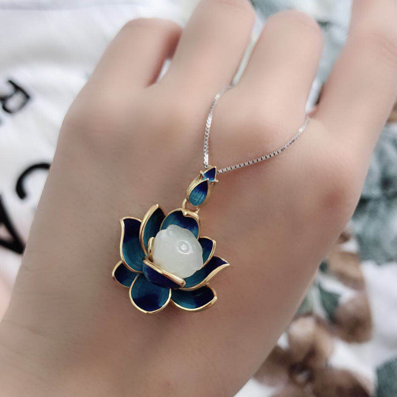 [纯洁的爱]和田玉S925银锁骨项链女复古风景泰蓝荷花首饰品送女友