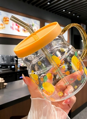 600ml高颜值玻璃杯印花带刻度杯家用喝水杯吸管杯情侣杯牛奶杯