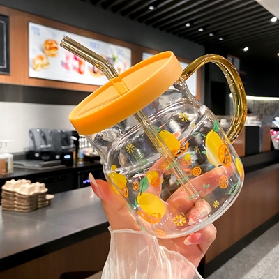 600ml高颜值玻璃杯印花带刻度杯家用喝水杯吸管杯情侣杯牛奶杯