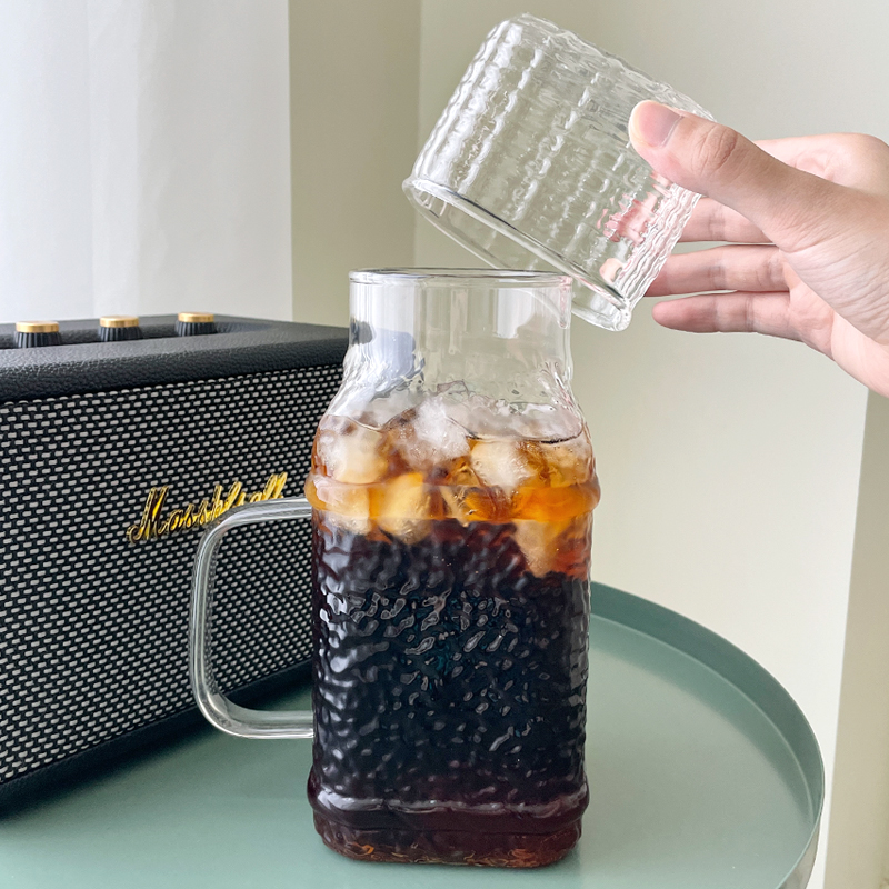 1000ml复古玻璃杯锤纹高颜值喝水杯大容量带盖冷水壶家用饮料杯