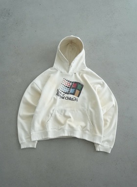 美潮Windows限定做旧水洗破洞印花风格复古白色连帽卫衣男女同款