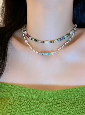 天然石项链女 彩色串珠高级感锁骨链 绿色石头极光碎银子珍珠颈链