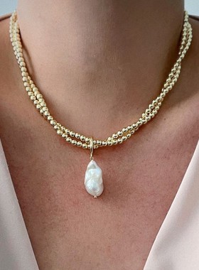 欧美跨境复古简约仿珍珠水滴吊坠项链小众设计感圆形串珠缠绕项饰