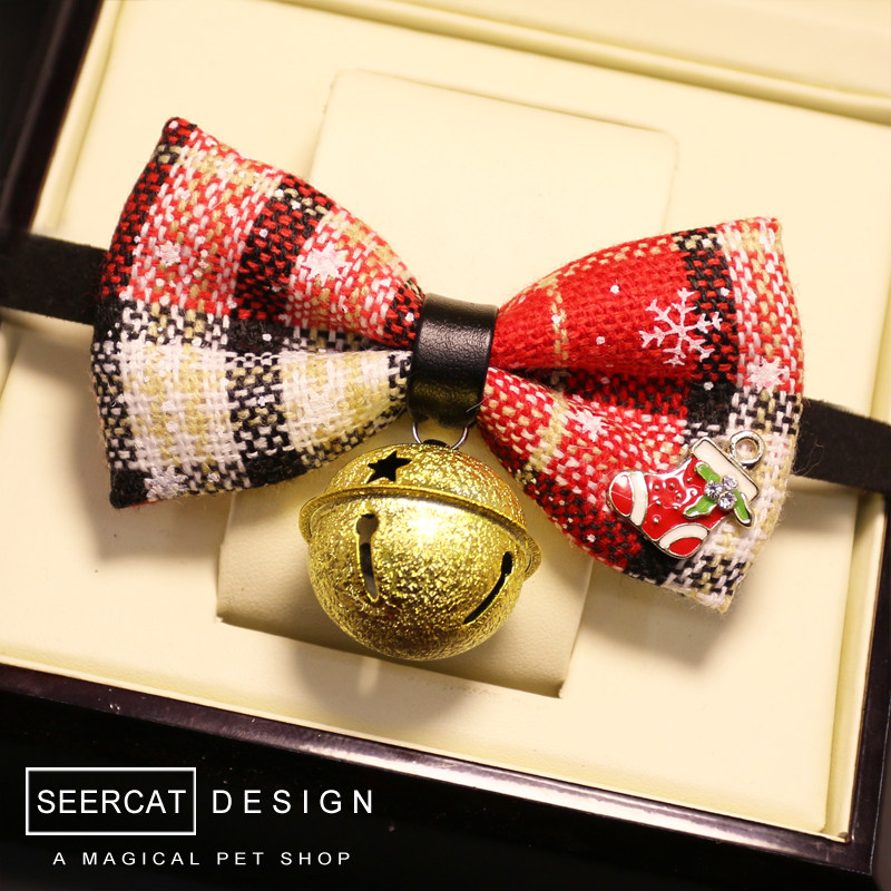 小色猫 圣诞宠物蝴蝶领结手工猫咪狗狗铃铛项圈泰迪小型犬饰品