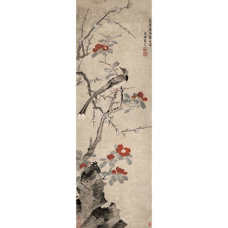高清原大明代朱竺梅茶山雀图国画花鸟画梅花山茶花微喷字画装饰画