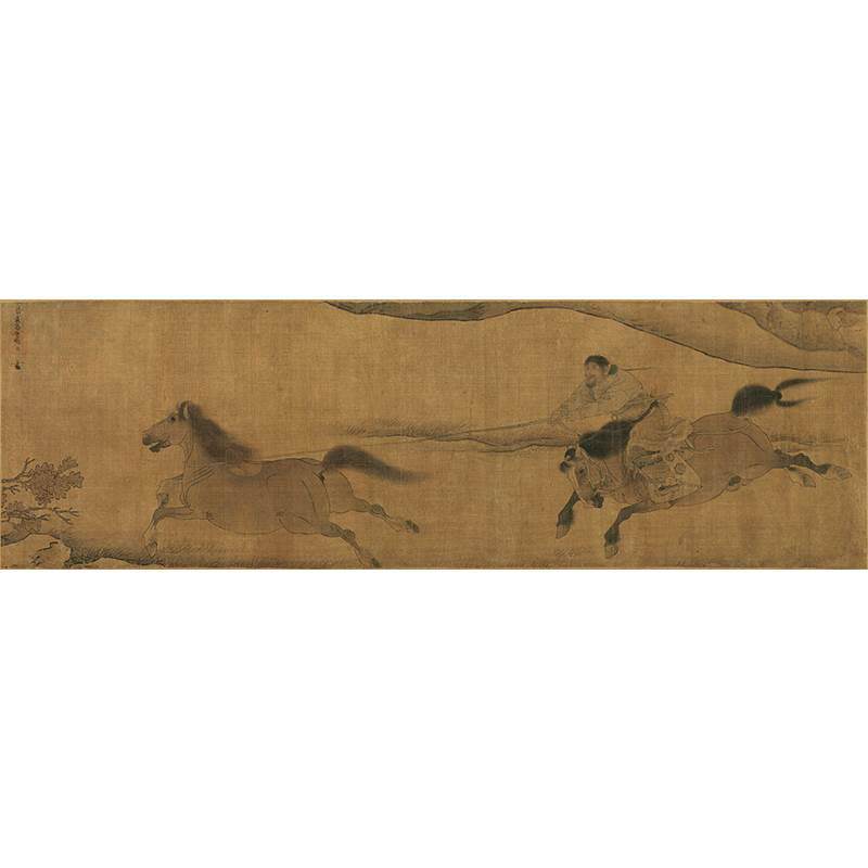 高清复刻金代杨微二骏图国画工笔人物画骏马鞍马画艺术微喷装饰画