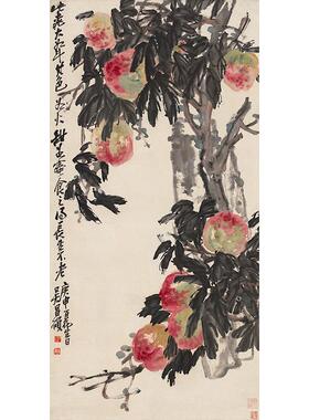 高清复刻吴昌硕多寿图国画写意花鸟画寿桃图福寿图艺术微喷装饰画