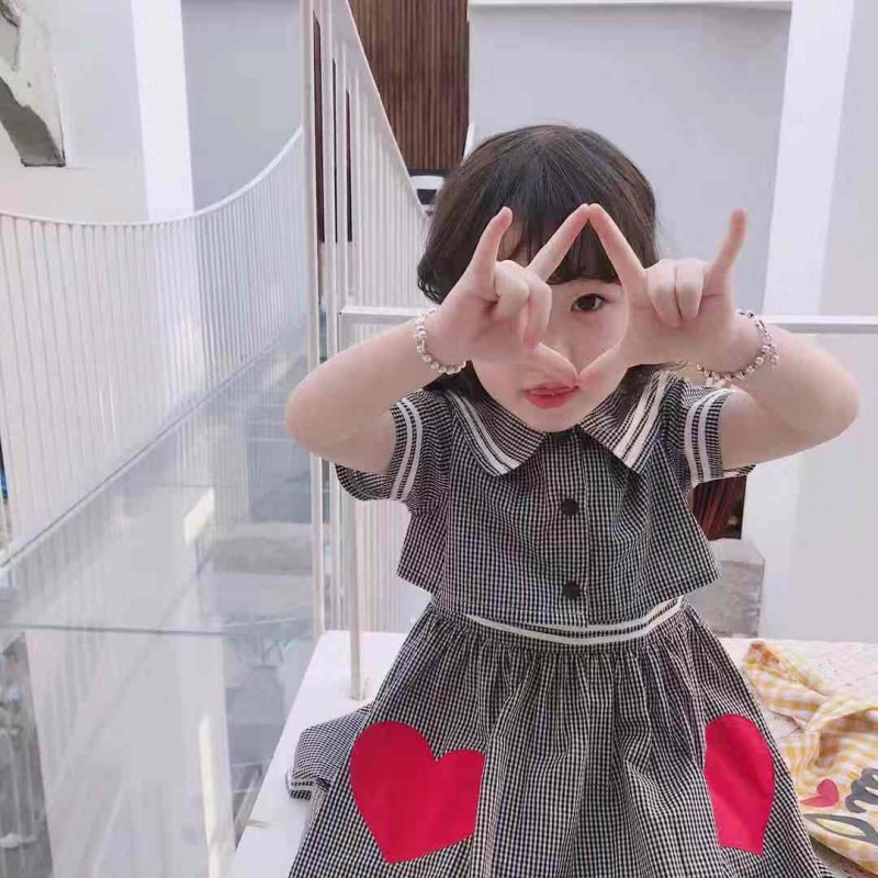 【恕恕】夏新品 女童 学院风海军领爱心贴布刺绣两件套连衣裙