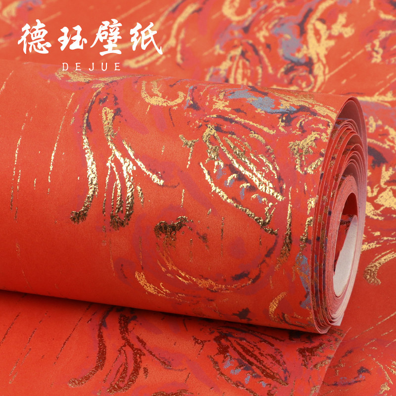 欧式3d立体奢华无纺布烫金橘红色大马士革墙纸卧室客厅背景墙壁纸