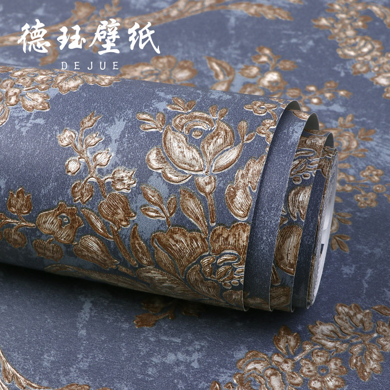 3D立体欧式壁纸奢华大马士革无纺布蓝色墙纸轻奢卧室客厅电视背景