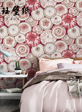 中式无纺布红色绿色油纸伞墙纸日式餐厅饭店卧室背景墙壁纸国潮风