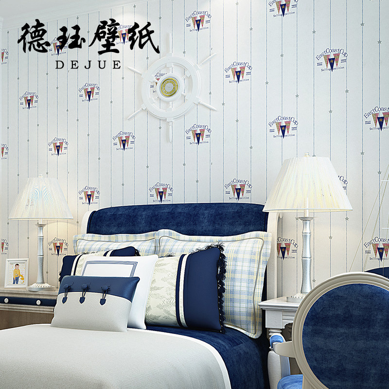 地中海儿童房壁纸男孩卧室房间英伦风旗帜星星彩旗条纹无纺布墙纸