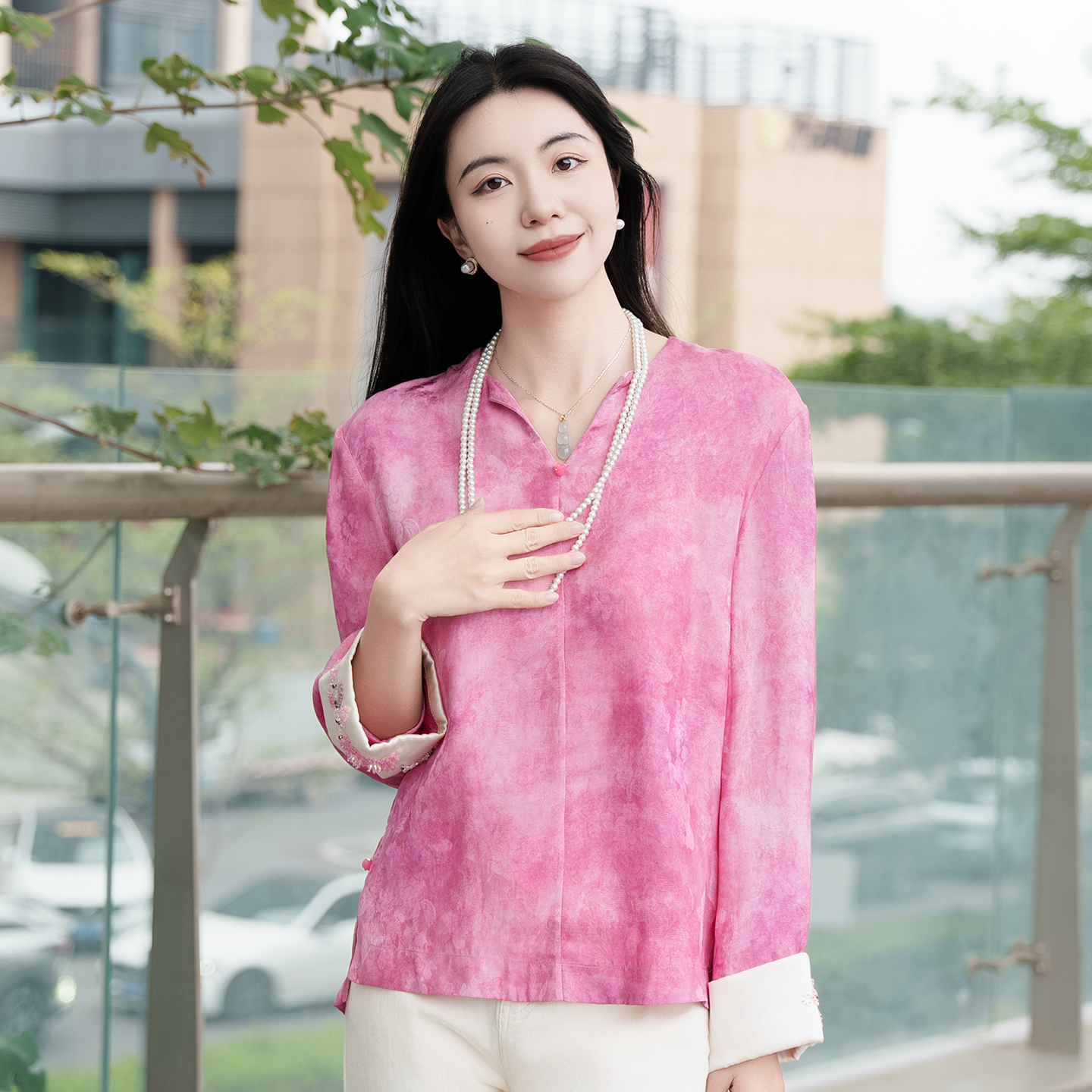新中式国风粉色提花衬衫女