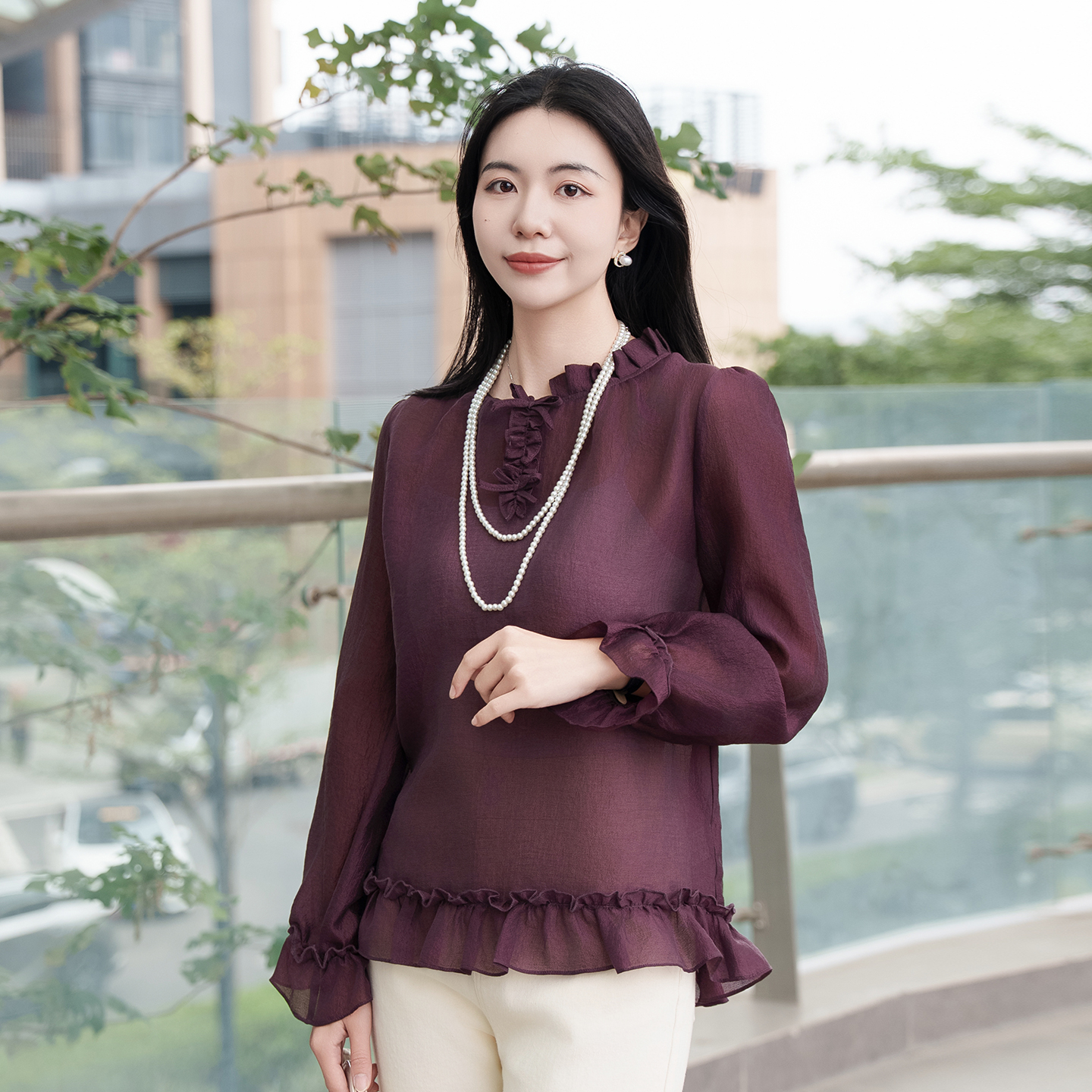 复古风荷叶边长袖衬衫女