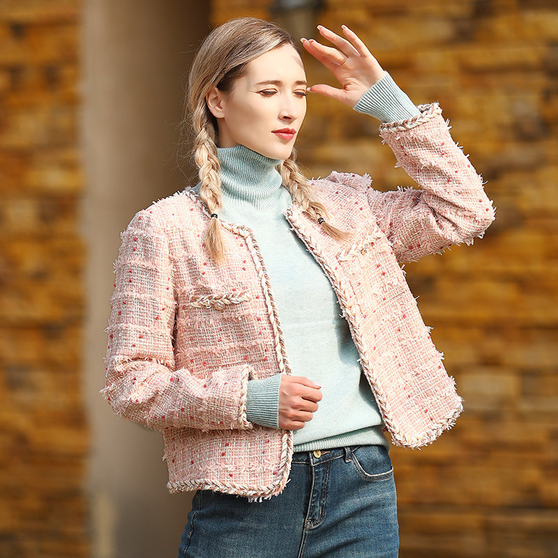 五丁目衣舍秋冬新款圆领格子女上衣拼接小香风短外套48813264