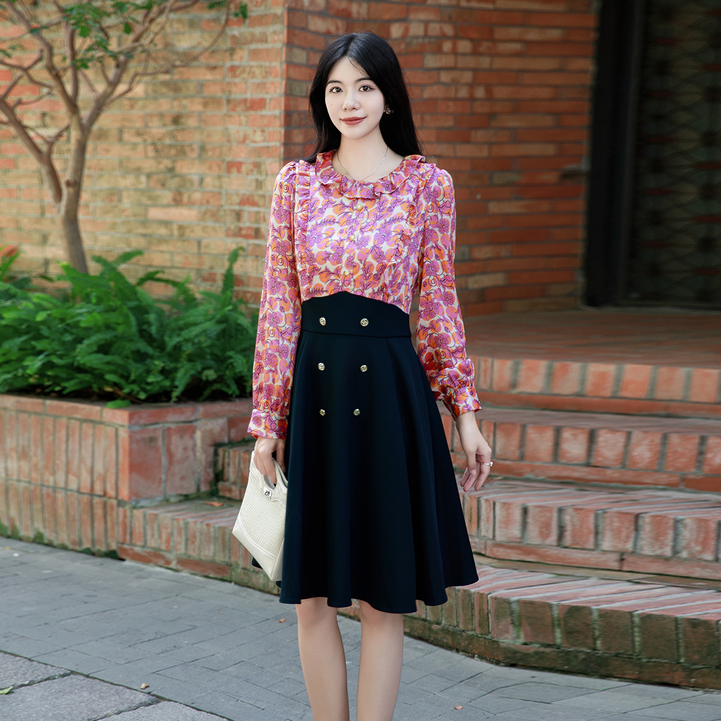 印花连衣裙女收腰A字裙