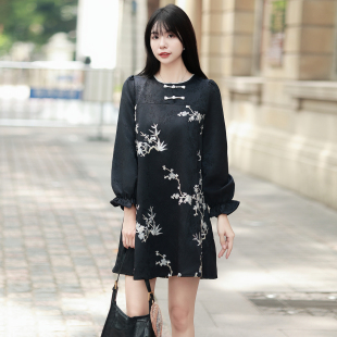 宽松腰59929167 绣花连衣裙女黑色长袖 五丁目衣舍2025新款 女中式