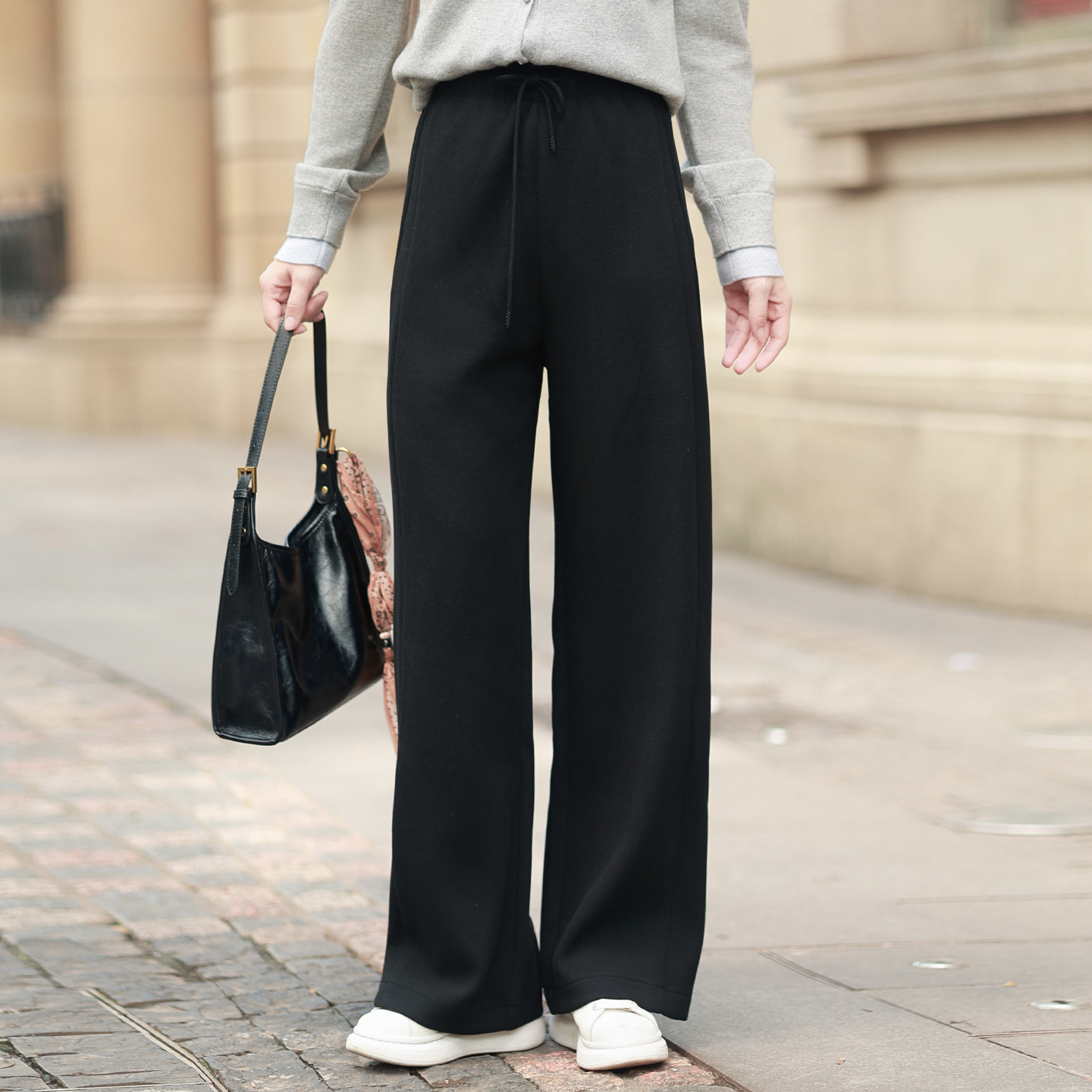 松紧腰阔腿裤女黑色垂感休闲裤