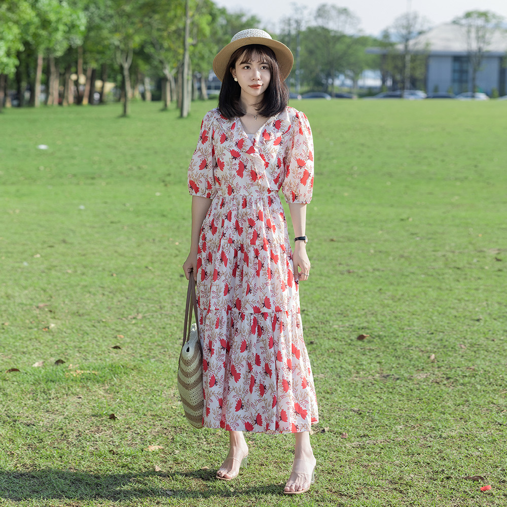 V领短袖气质通勤连衣裙女