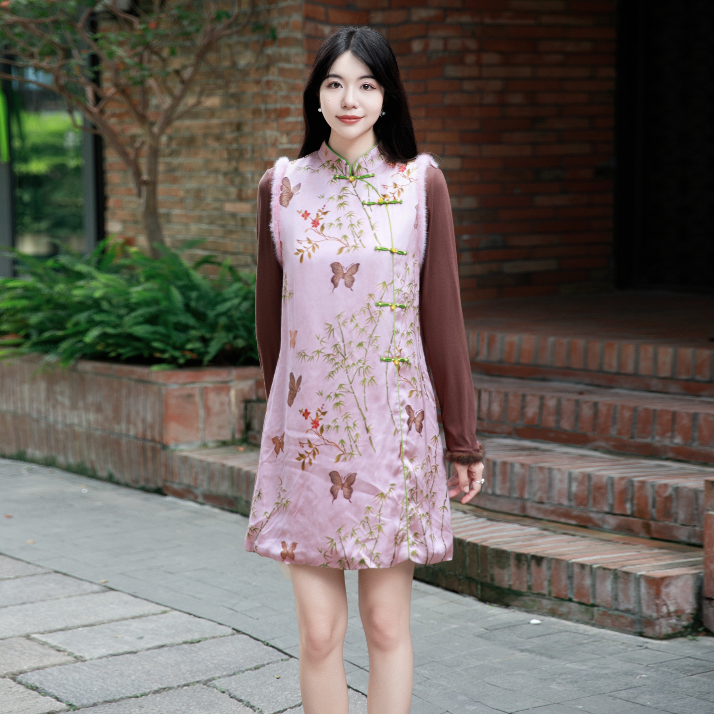 蝴蝶印花盘扣连衣裙长袖内搭套装