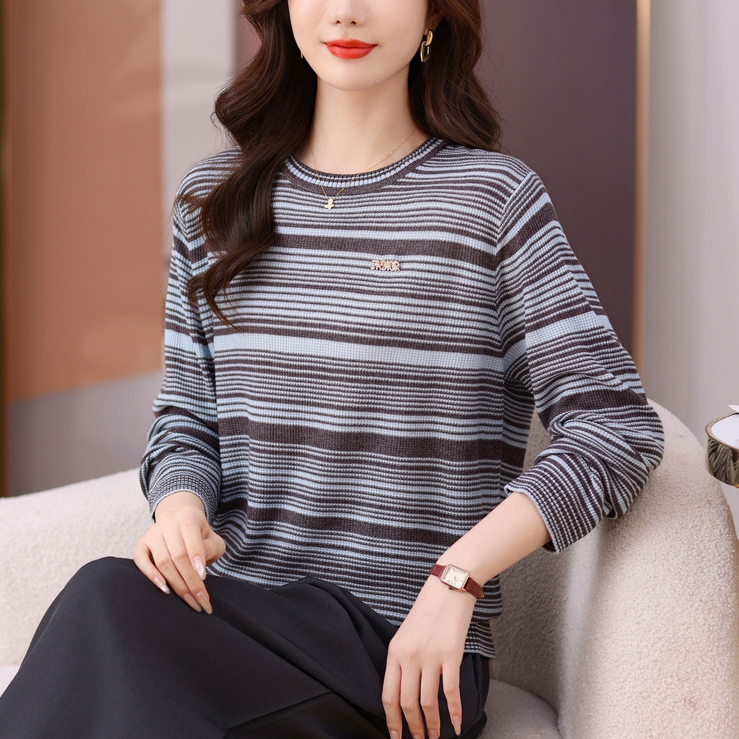 秋季新款条纹九分袖羊毛衫女拼色圆领百搭时尚显瘦薄款针织毛衣潮