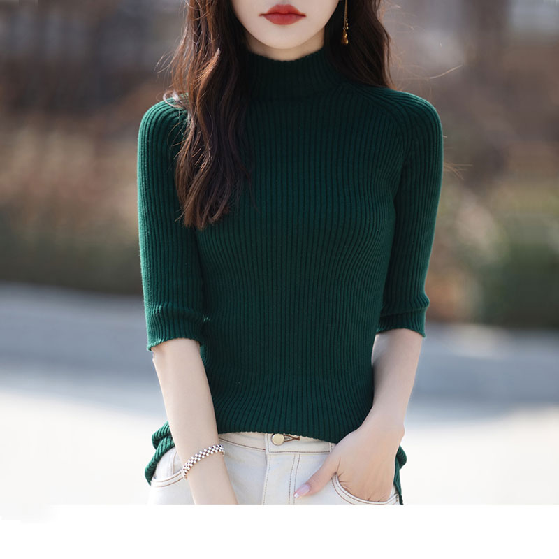 时尚纯色半高领五分袖女士毛衣春秋新款百搭显瘦针织打底衫上衣