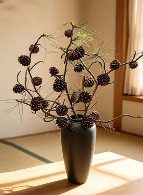 天然松果干枝复古禅意插花摆件