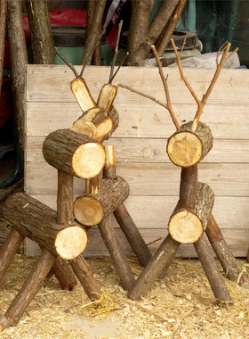 原木装饰小鹿摆件创意工艺品庭院景观鹿形树枝幼儿园田园动物装饰