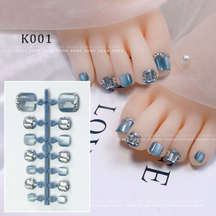 14片脚趾甲片穿戴甲蓝色猫眼满钻脚甲片奶茶色亮片芭乐猫眼玻璃珠