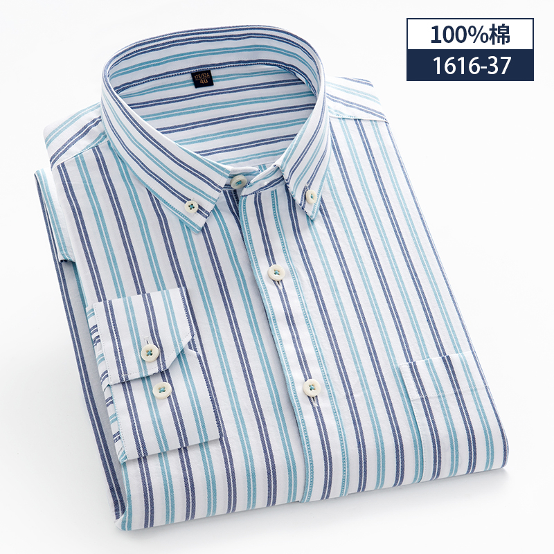 纯棉牛津纺白蓝条纹衬衫男长袖潮