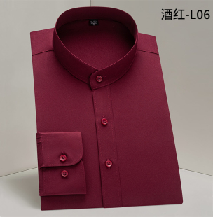 商务休闲职业装 2026春季 男长袖 立领衬衫 无口袋圆领酒红色衬衣 新款