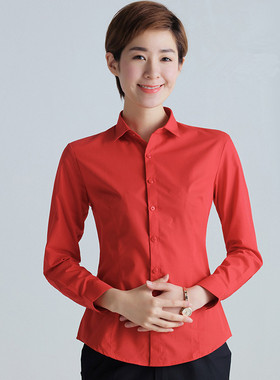 春季长袖衬衫女职业工装修身ol通勤方领大红色衬衣女打底衫有大码