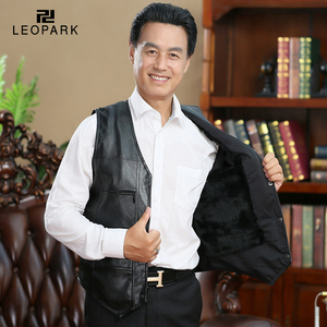 LEOPARK男士皮马甲中老年男秋冬季加绒加厚内搭爸爸坎肩口袋马夹