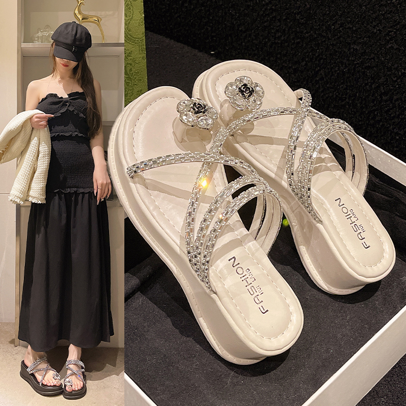 仙女風(fēng)水鉆兩穿拖鞋女2025夏季新款鞋子時尚百搭中跟女鞋氣質(zhì)涼鞋