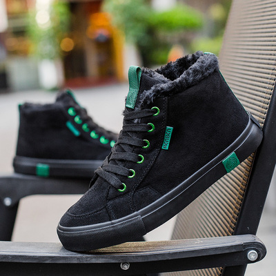 人本冬季黑色加厚棉靴高帮帆布鞋