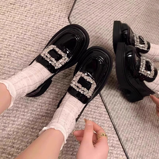 香港RVFA水钻方扣乐福鞋女圆头英伦风小皮鞋真皮厚底粗跟单鞋加绒