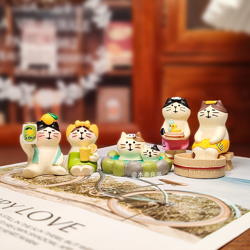 日式亲子温泉泡澡猫咪桌面摆件