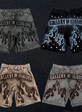 Flame patterned rhinestone denim shorts