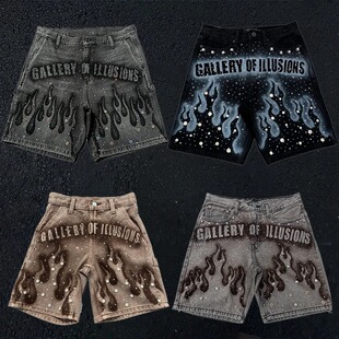 Flame patterned rhinestone denim shorts