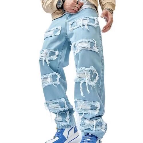 Multi pocket ripped slim fit washed straight leg jeans