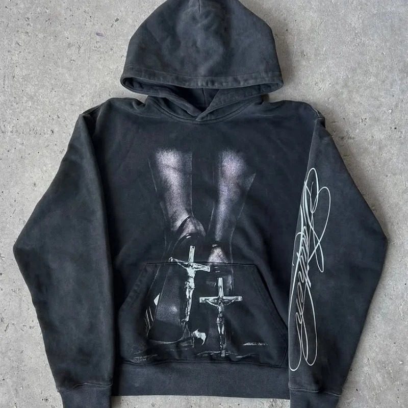 Retro pattern printed casual loose hoodie