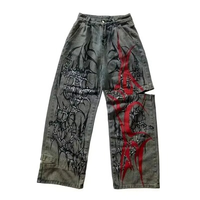 2025 Vintage Pattern Loose Denim Pants - Wide Leg Pants