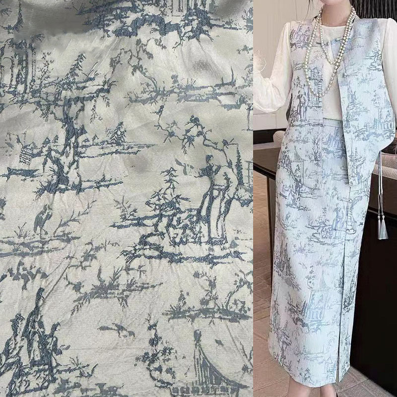 新中式国风马甲连衣裙礼服外套布料复古蓝色千里江山股线提花面料