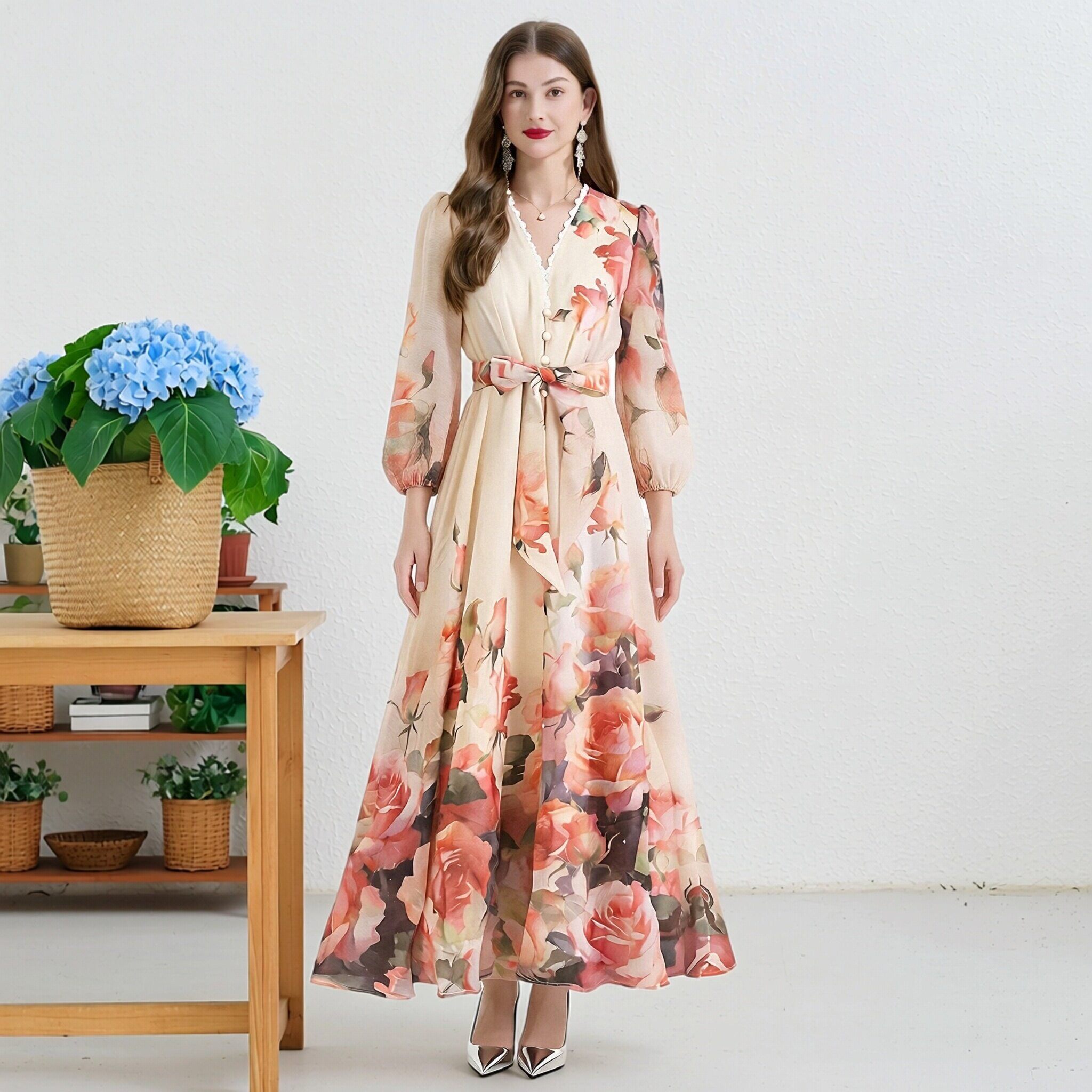 度假拍照好看很仙的V领田园风花卉大码连衣裙名媛明星走秀礼服女